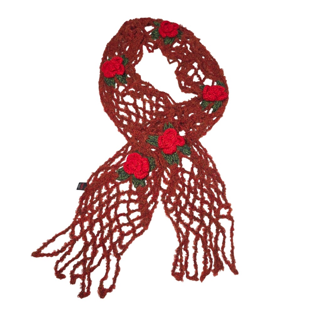 Tabask Scarf Womens OS Red Alpaca Wool Handmade Peru Floral Crochet Open Knit